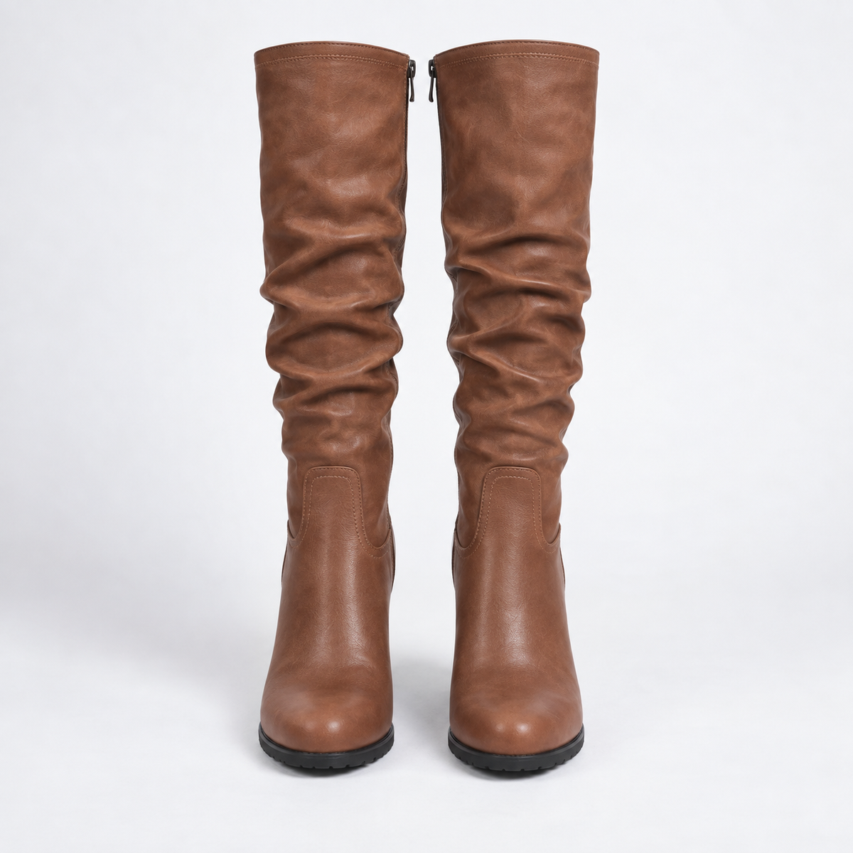 Brown Heeled Leather-Look Knee High Boots with Stiletto Heel