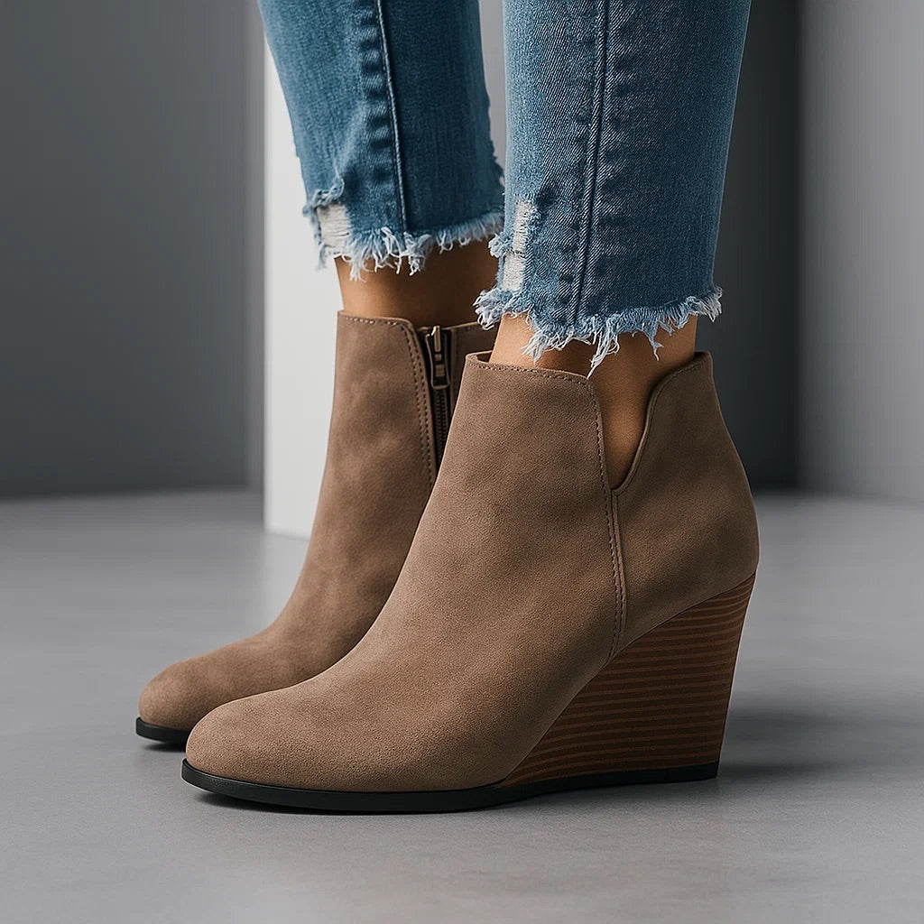 Chic Suede-Look Wedge Ankle Boots with Side Cut-Out