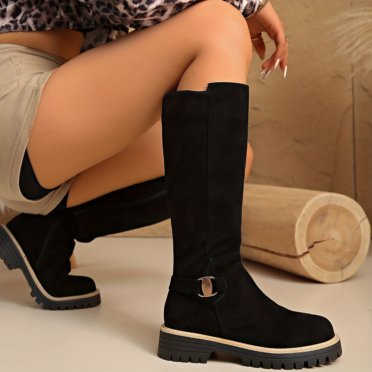 Flat Knee High Suede-Look Boots with Buckle Detail and Lug Sole