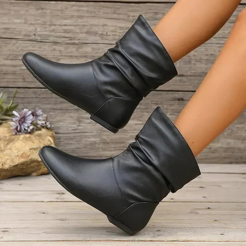 Flat Leather-Look Ankle Boots with Slouch Detail