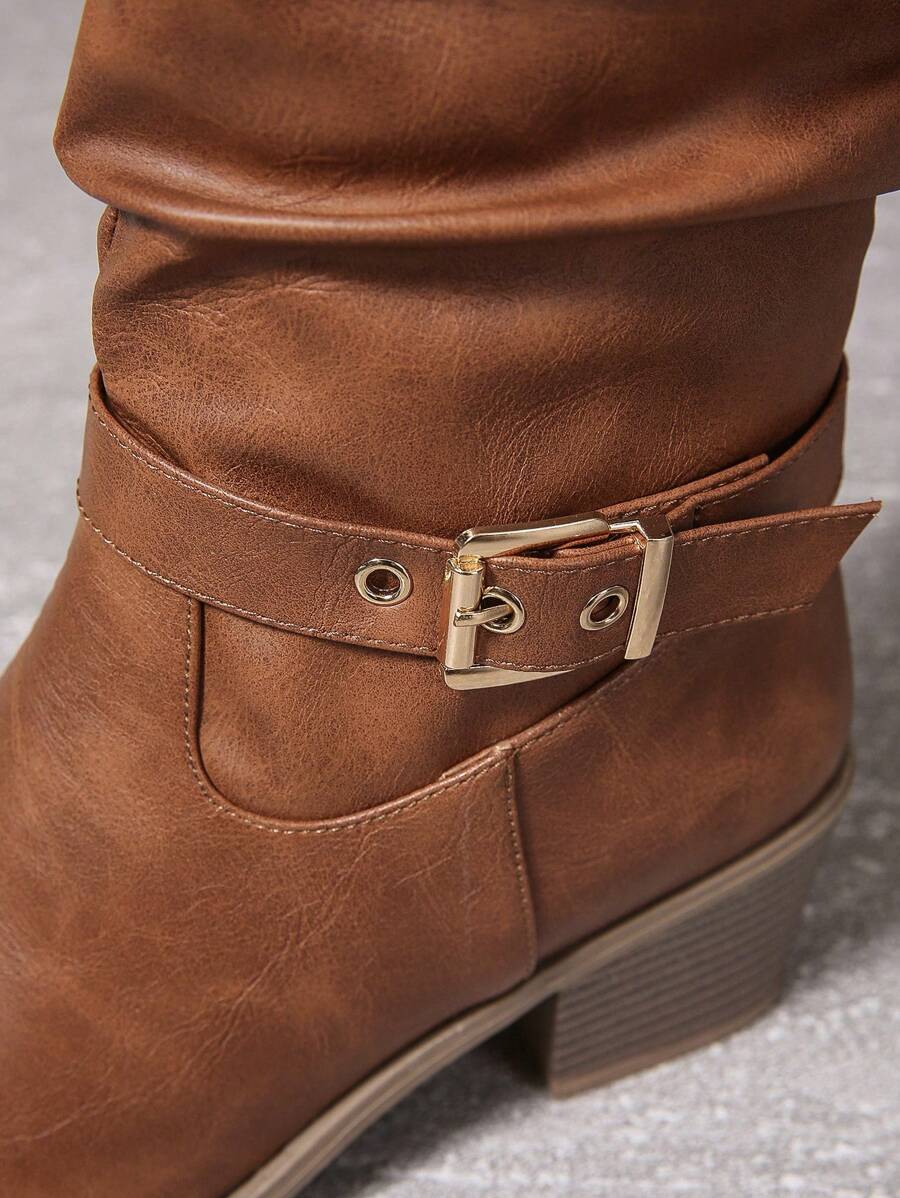 Leather-Look Knee High Boots with Double Buckle and Block Heel