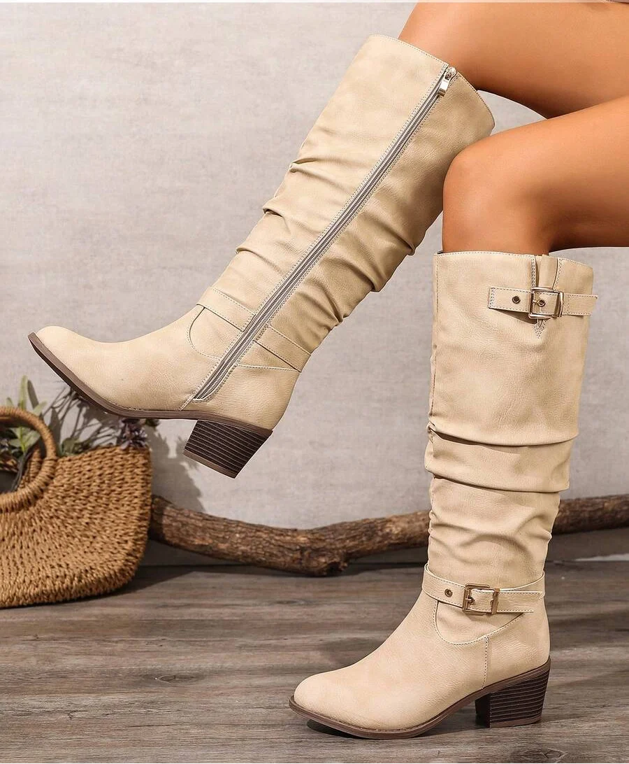Leather-Look Knee High Boots with Double Buckle and Block Heel