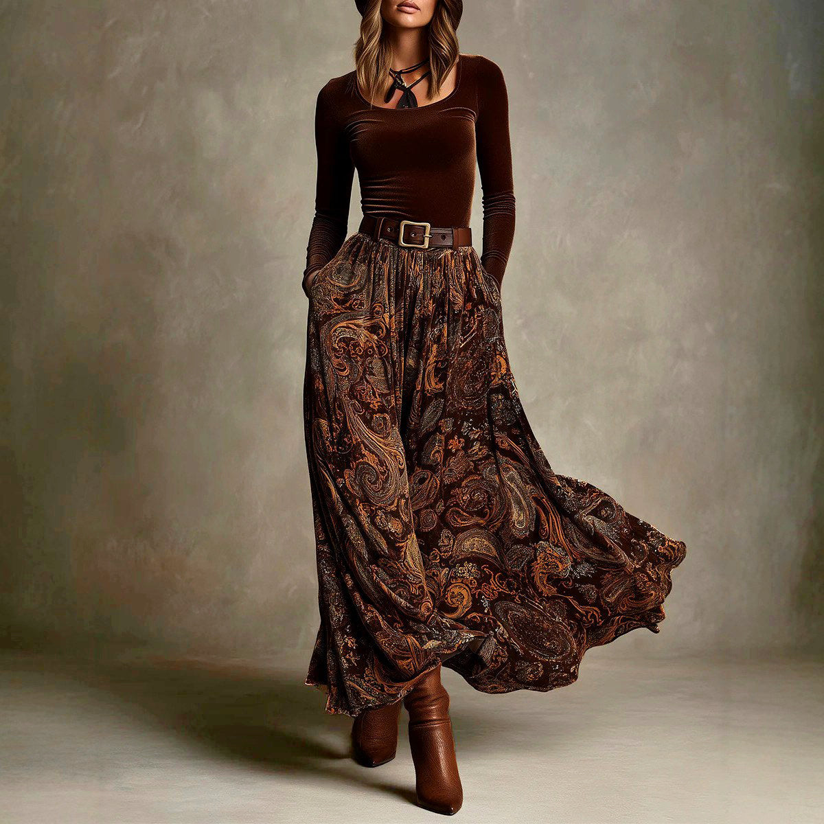 Meredith - Women's Velvet Top & Paisley Maxi Skirt Matching Set