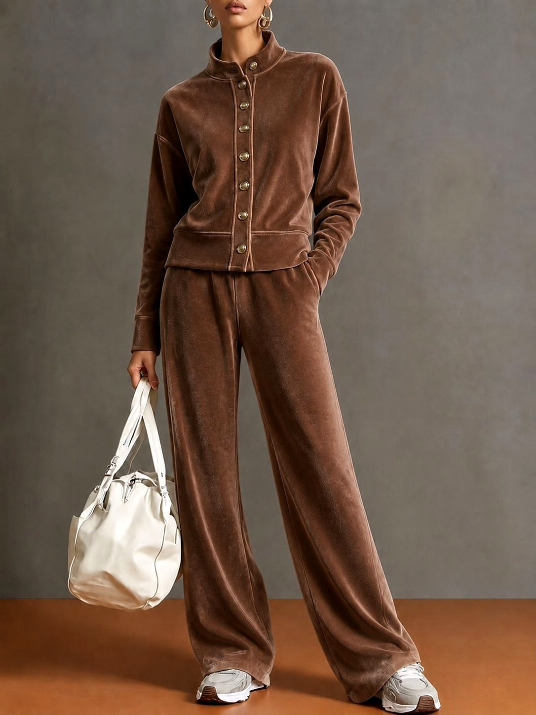 Alberta - Women's Velvet Stand Collar Wide Leg Matching Set