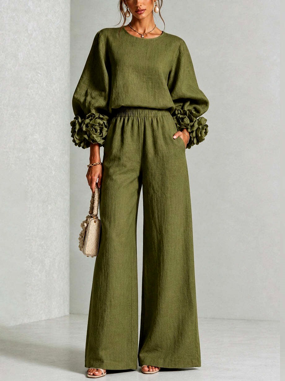 Almira - Women's Puff Sleeve Wide Leg Pant Set with Floral Cuffs
