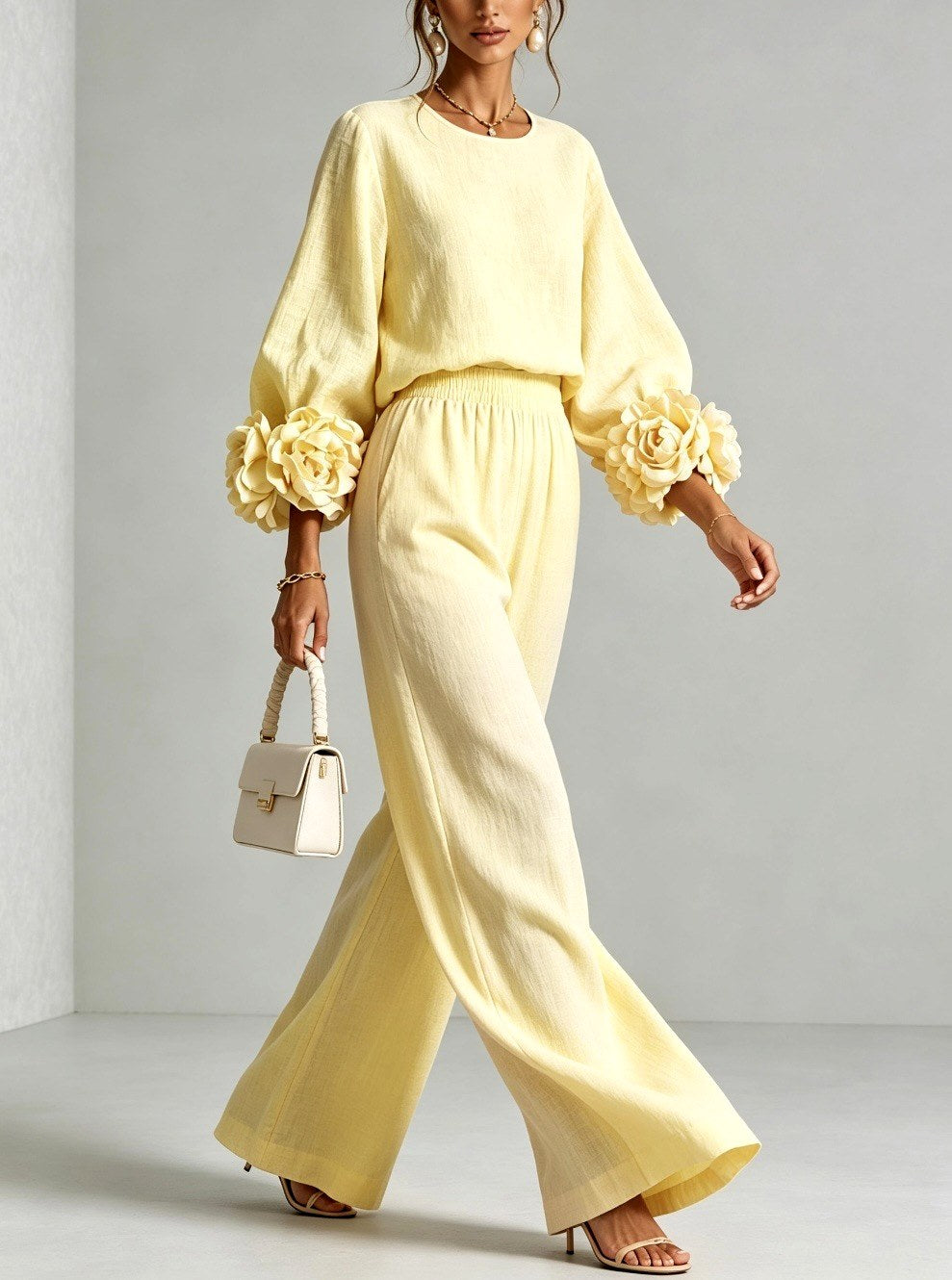Almira - Women's Puff Sleeve Wide Leg Pant Set with Floral Cuffs