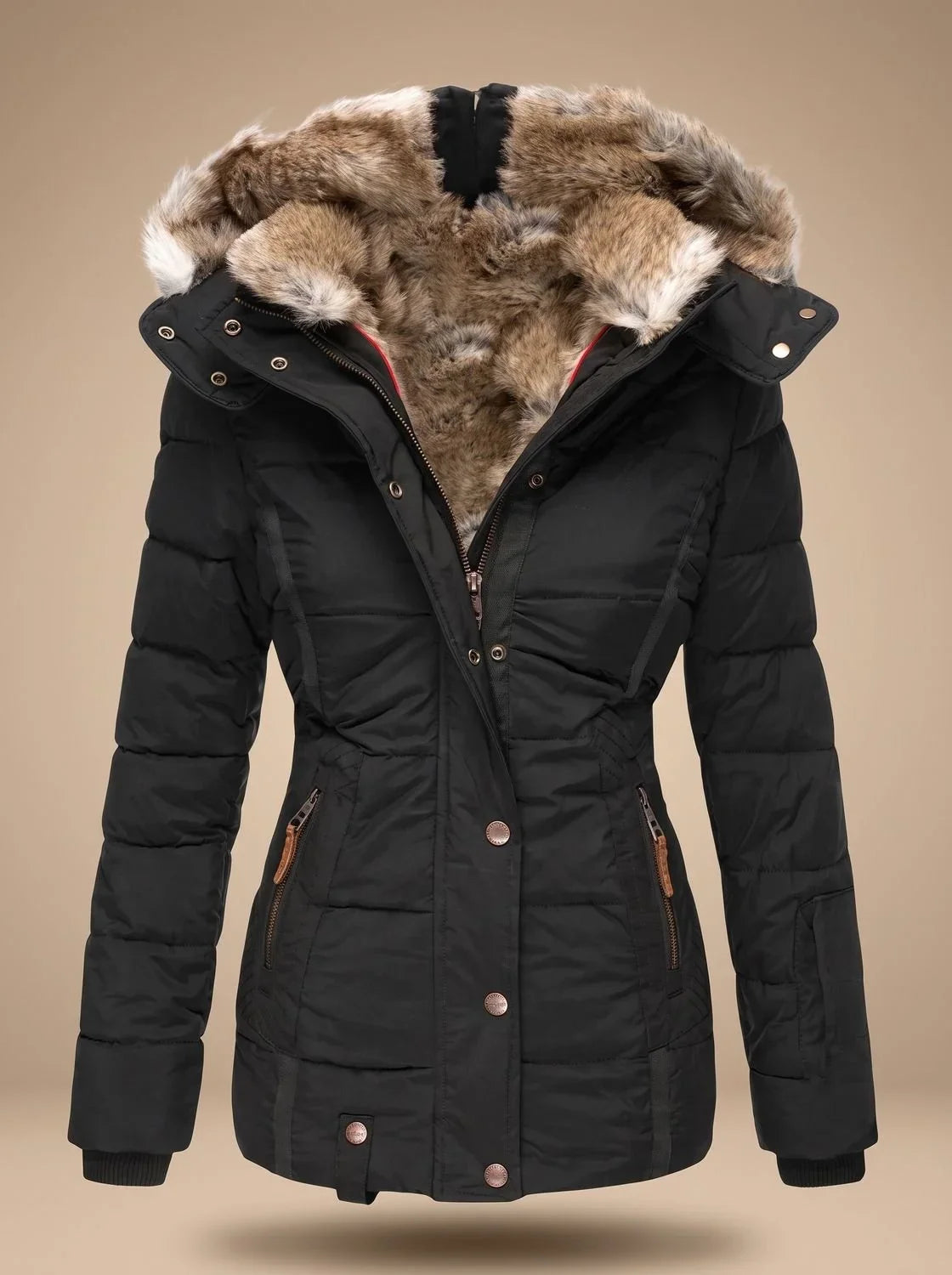 Women's puffer coat faux-fur hooded quilted winter