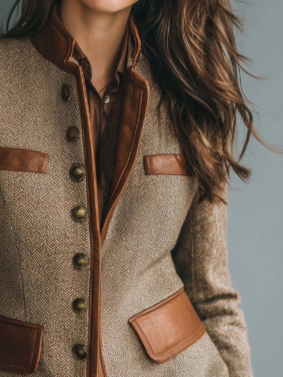 Women's Vintage Herringbone Tweed Leather-Look Trim Button-Front Jacket